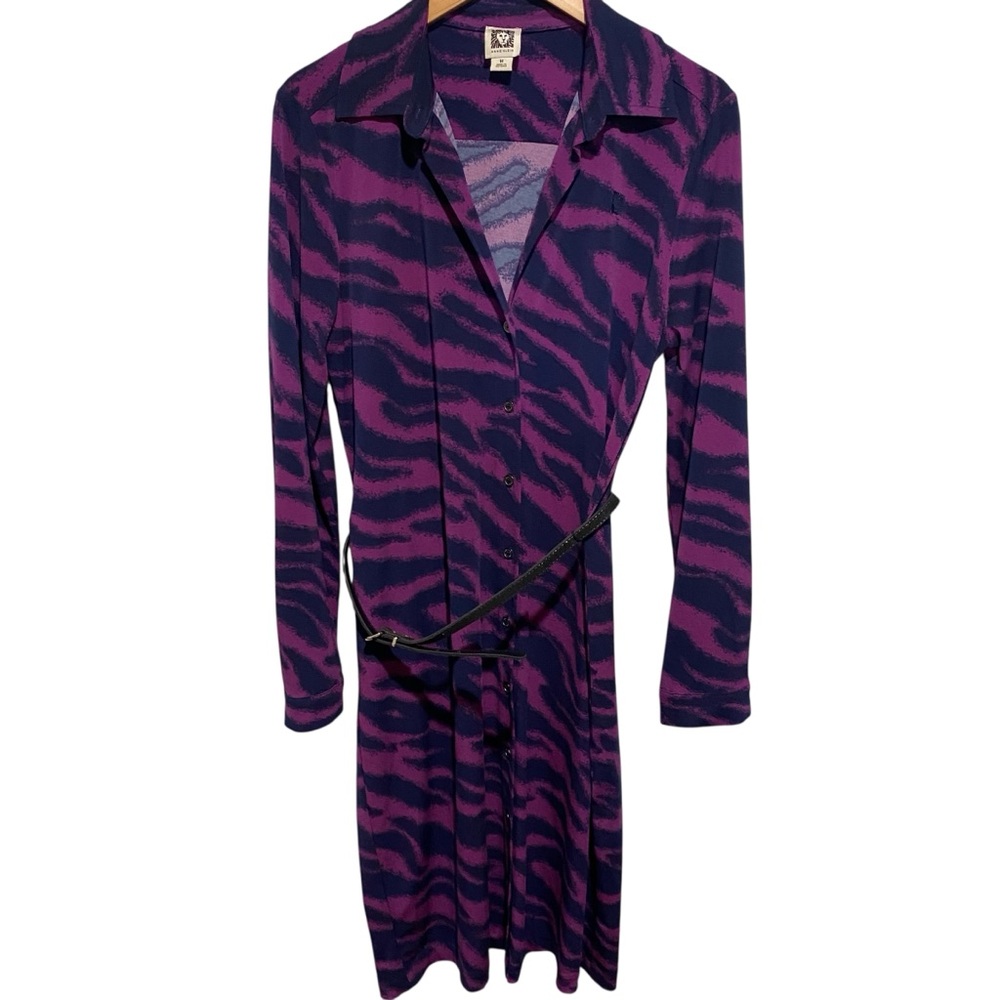 Anne Klein Purple & Black Long Sleeve Button Down Midi Dress w/‎ Belt Size M